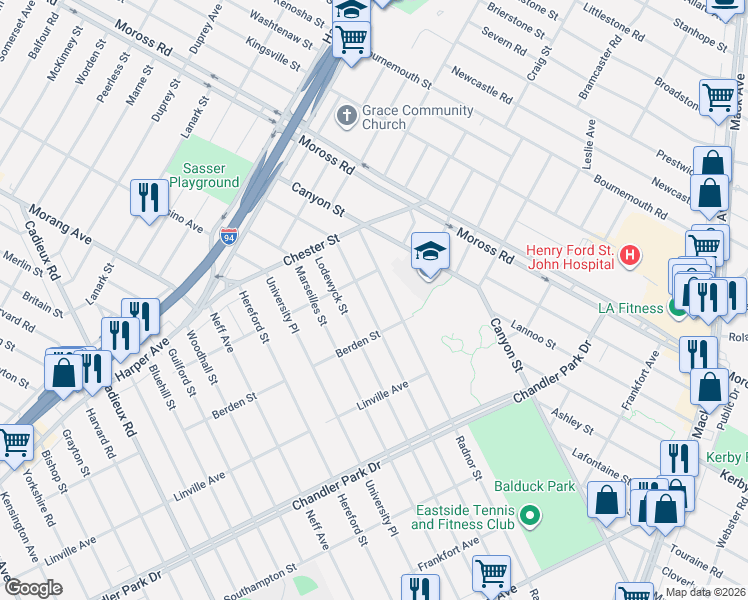 map of restaurants, bars, coffee shops, grocery stores, and more near 6113 Radnor Street in Detroit