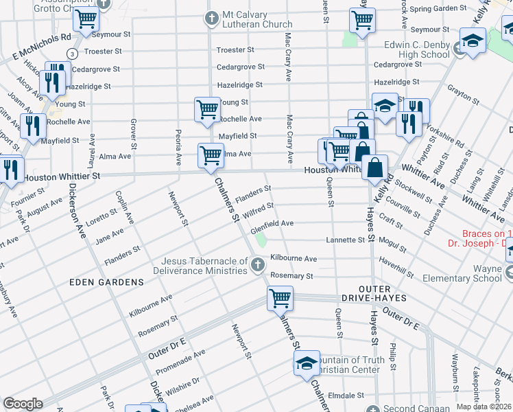 map of restaurants, bars, coffee shops, grocery stores, and more near 14426 Wilfred Street in Detroit