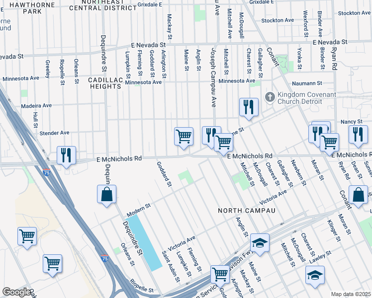 map of restaurants, bars, coffee shops, grocery stores, and more near 2523 East McNichols Road in Detroit