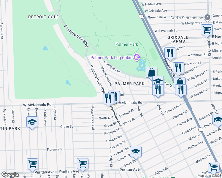 map of restaurants, bars, coffee shops, grocery stores, and more near 17180 Pontchartrain Boulevard in Detroit