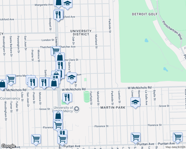 map of restaurants, bars, coffee shops, grocery stores, and more near 17185 Muirland Street in Detroit