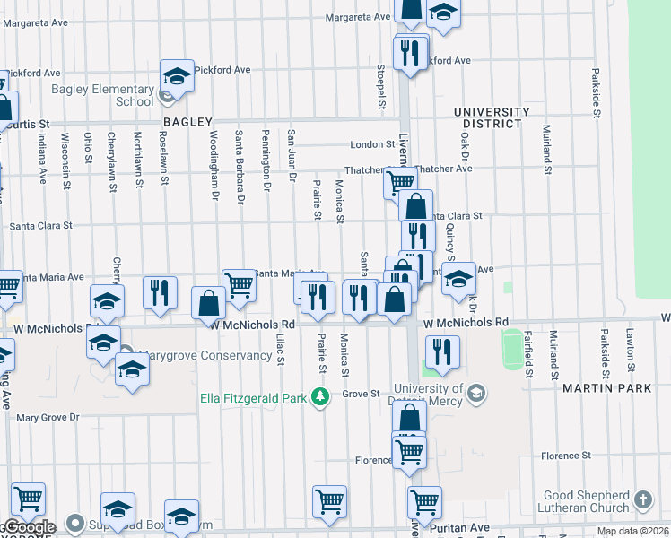 map of restaurants, bars, coffee shops, grocery stores, and more near 17196 Prairie Street in Detroit
