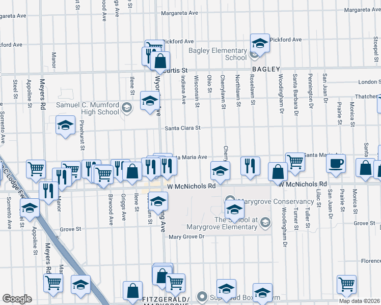 map of restaurants, bars, coffee shops, grocery stores, and more near 17201 Indiana Street in Detroit