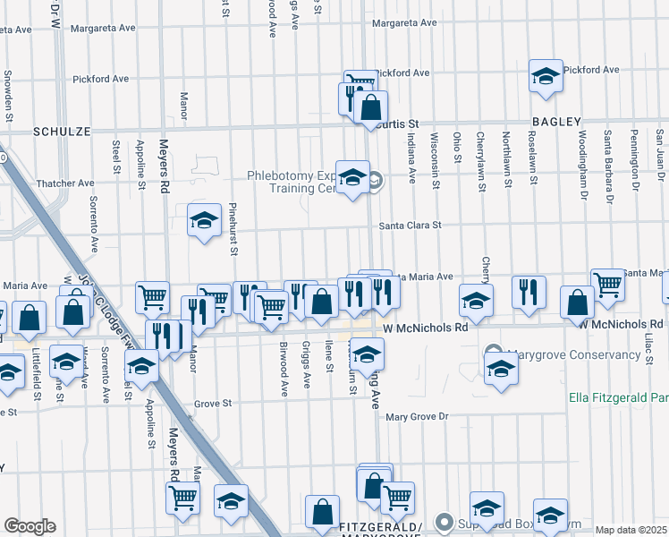 map of restaurants, bars, coffee shops, grocery stores, and more near 17219 Washburn Street in Detroit