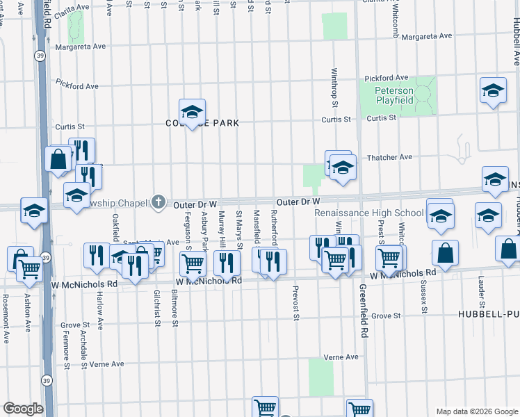 map of restaurants, bars, coffee shops, grocery stores, and more near 17351 Rutherford Street in Detroit