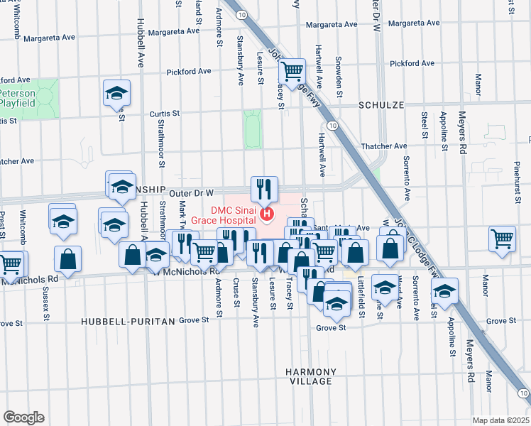 map of restaurants, bars, coffee shops, grocery stores, and more near 6071 Outer Drive West in Detroit