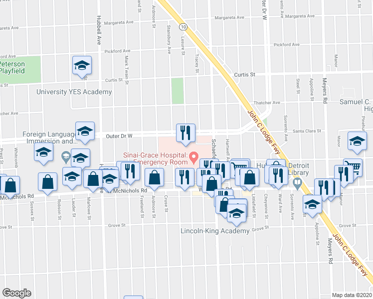 map of restaurants, bars, coffee shops, grocery stores, and more near 6071 Outer Drive West in Detroit