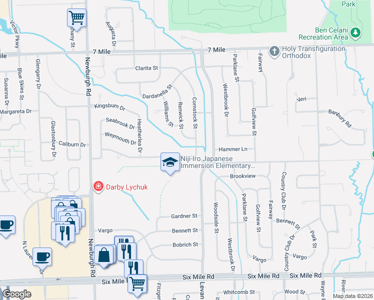 map of restaurants, bars, coffee shops, grocery stores, and more near 36607 Curtis Road in Livonia