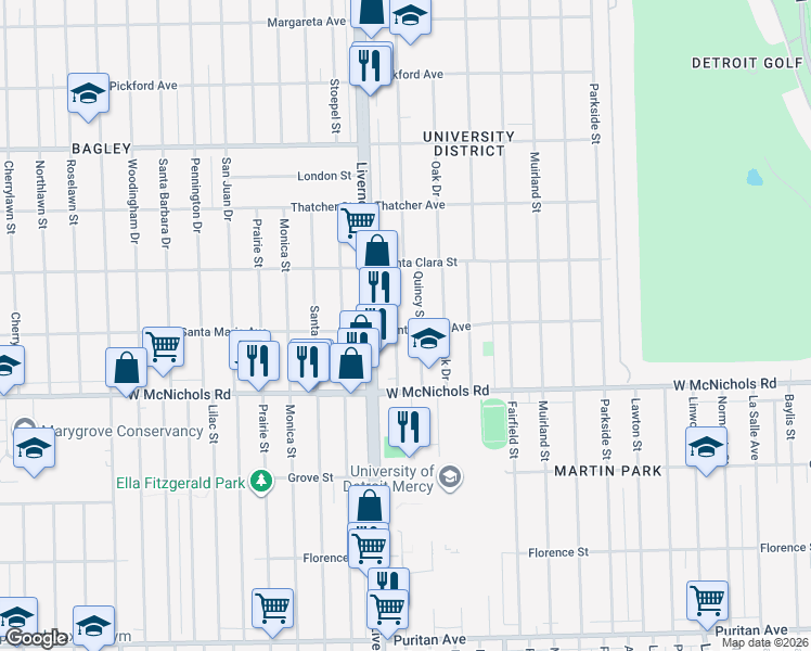 map of restaurants, bars, coffee shops, grocery stores, and more near 17185 Quincy Street in Detroit