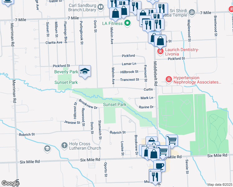 map of restaurants, bars, coffee shops, grocery stores, and more near 18066 Curtis Court in Livonia
