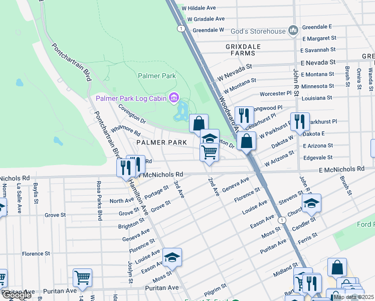 map of restaurants, bars, coffee shops, grocery stores, and more near 701 Merton Road in Detroit