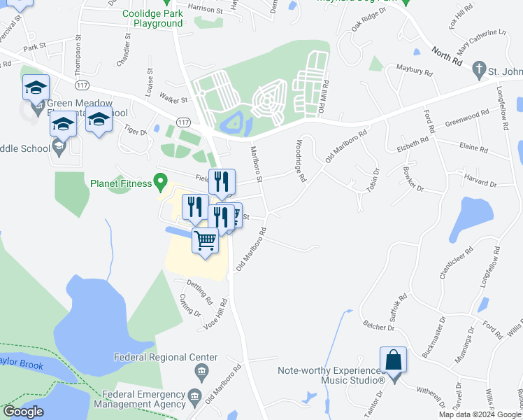 map of restaurants, bars, coffee shops, grocery stores, and more near 33 Marlboro Street in Maynard