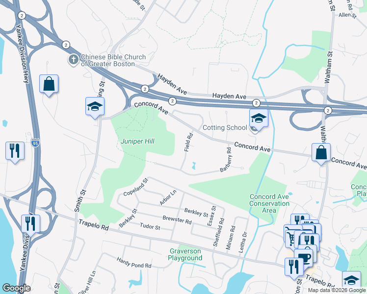 map of restaurants, bars, coffee shops, grocery stores, and more near 11 Field Road in Lexington