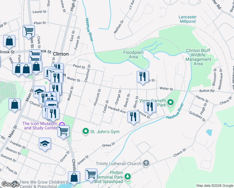 map of restaurants, bars, coffee shops, grocery stores, and more near 116 Orange Street in Clinton