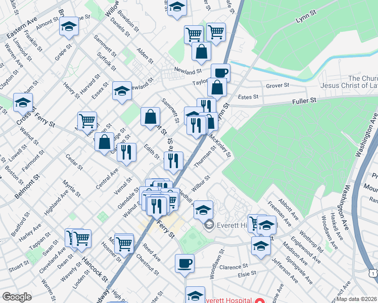 map of restaurants, bars, coffee shops, grocery stores, and more near 69 Norman Street in Everett