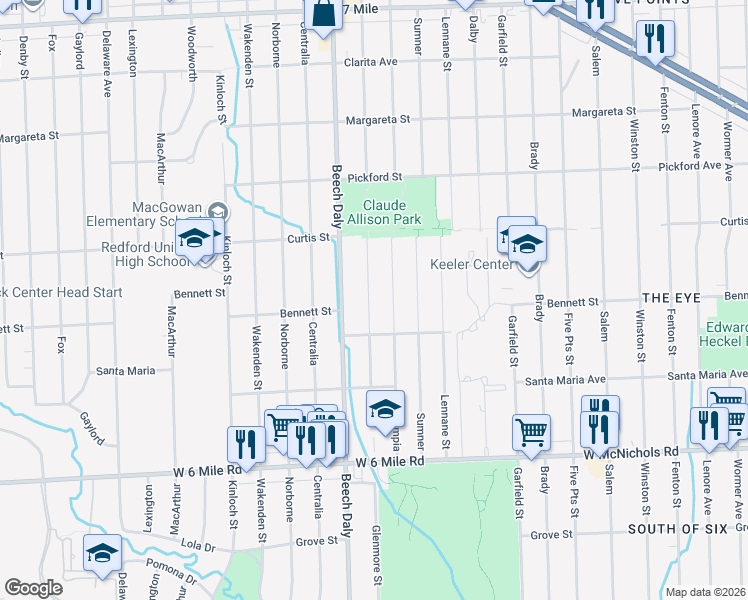 map of restaurants, bars, coffee shops, grocery stores, and more near 17696 Glenmore Street in Redford Charter Township