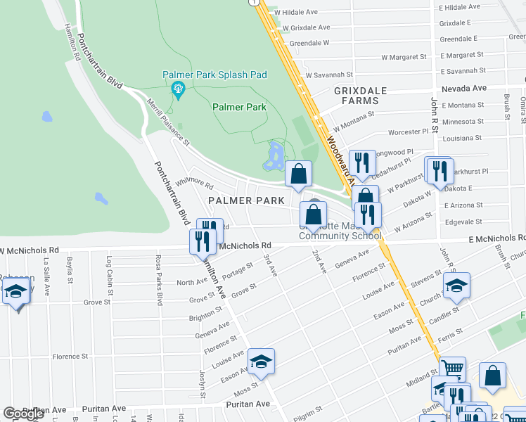 map of restaurants, bars, coffee shops, grocery stores, and more near 725 Whitmore Road in Detroit