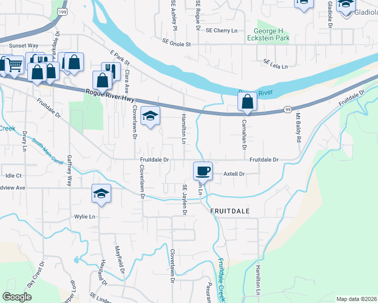 map of restaurants, bars, coffee shops, grocery stores, and more near 1497 Fruitdale Drive in Grants Pass