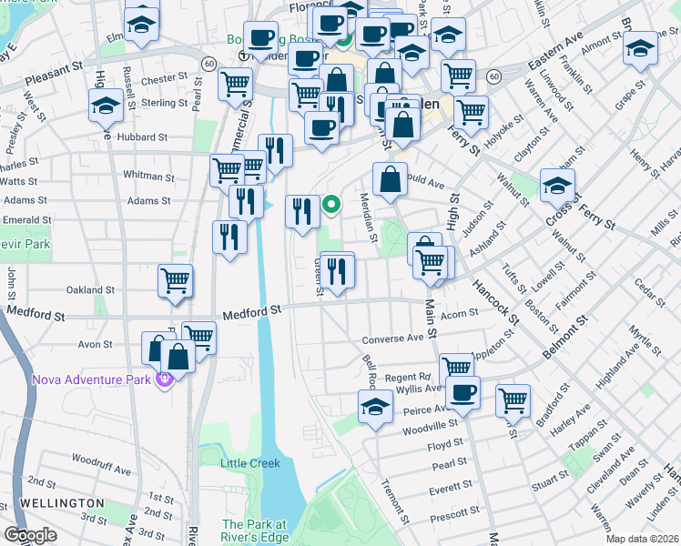 map of restaurants, bars, coffee shops, grocery stores, and more near 14 Berry Street in Malden