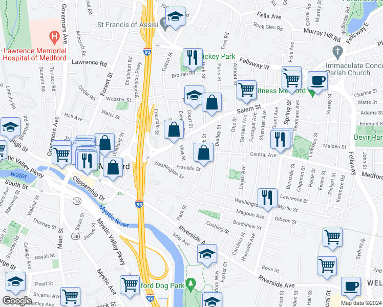map of restaurants, bars, coffee shops, grocery stores, and more near in Medford