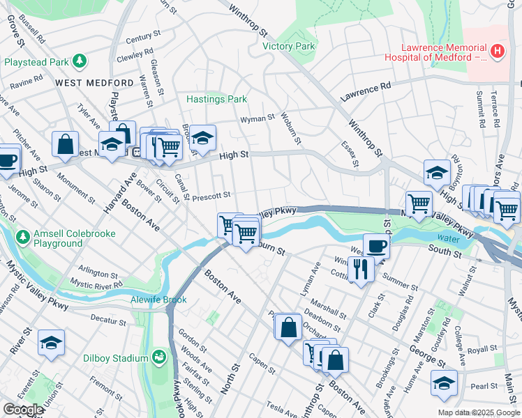 map of restaurants, bars, coffee shops, grocery stores, and more near 2222 Mystic Valley Parkway in Medford