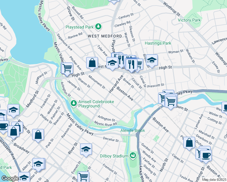 map of restaurants, bars, coffee shops, grocery stores, and more near 95 Monument Street in Medford