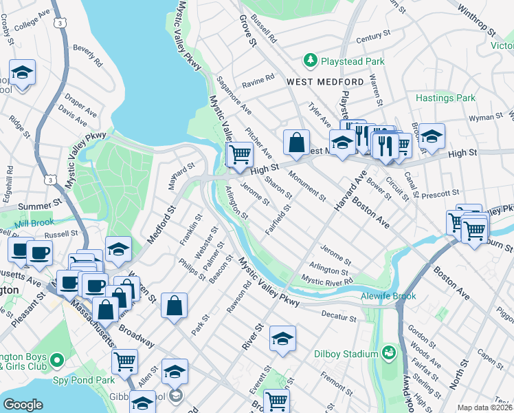 map of restaurants, bars, coffee shops, grocery stores, and more near 65 Arlington Street in Medford