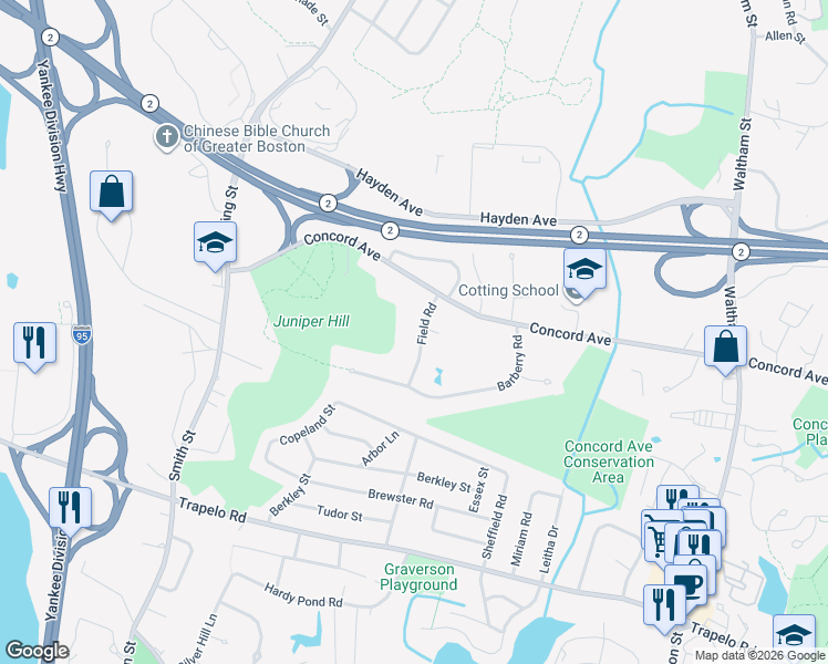 map of restaurants, bars, coffee shops, grocery stores, and more near 11 Field Road in Lexington