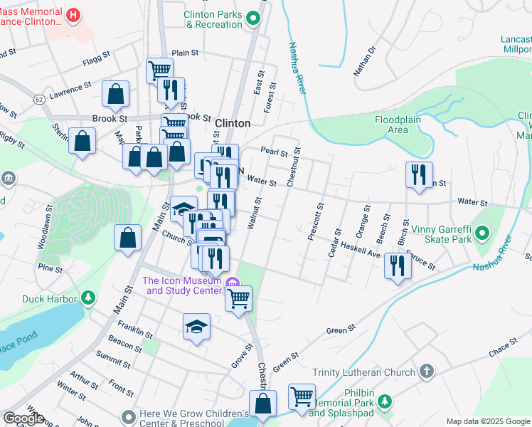map of restaurants, bars, coffee shops, grocery stores, and more near 101 Walnut Street in Clinton