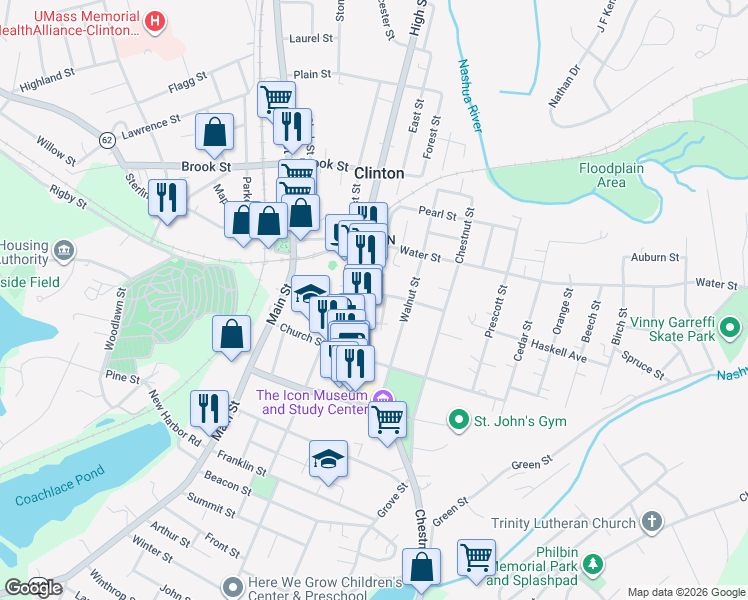 map of restaurants, bars, coffee shops, grocery stores, and more near 32 Pierce Place in Clinton