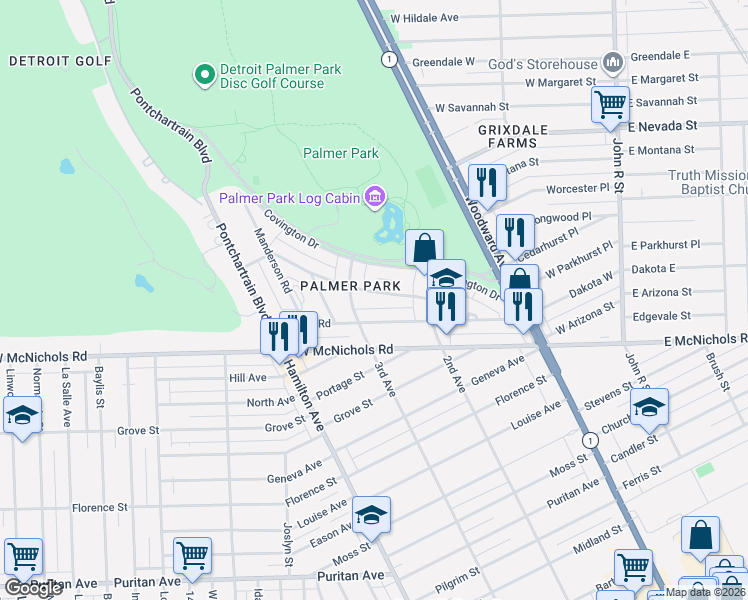 map of restaurants, bars, coffee shops, grocery stores, and more near 701 Merton Road in Detroit