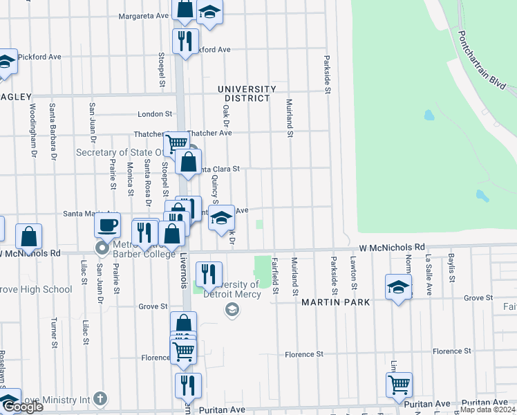 map of restaurants, bars, coffee shops, grocery stores, and more near 17181 Belden Street in Detroit