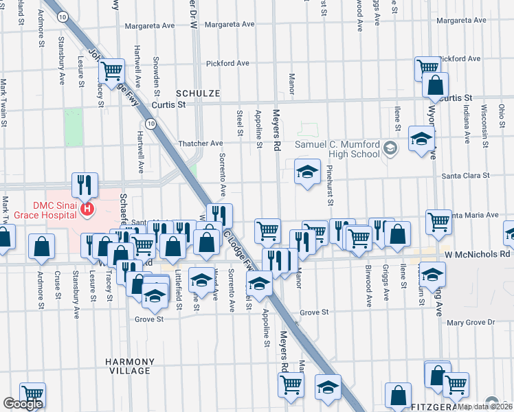 map of restaurants, bars, coffee shops, grocery stores, and more near 17234 Steel Street in Detroit