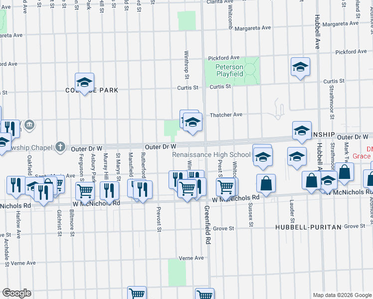 map of restaurants, bars, coffee shops, grocery stores, and more near 17340 Winthrop Street in Detroit