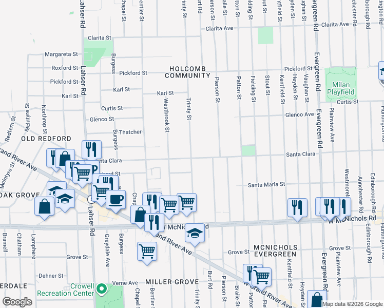 map of restaurants, bars, coffee shops, grocery stores, and more near 20847 Santa Clara in Detroit