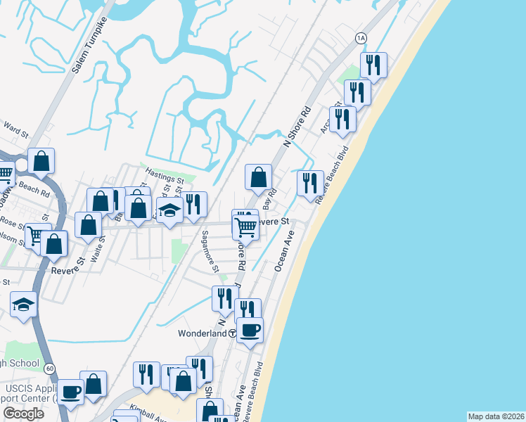 map of restaurants, bars, coffee shops, grocery stores, and more near in Revere