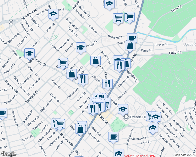 map of restaurants, bars, coffee shops, grocery stores, and more near 33 Bolster Street in Everett