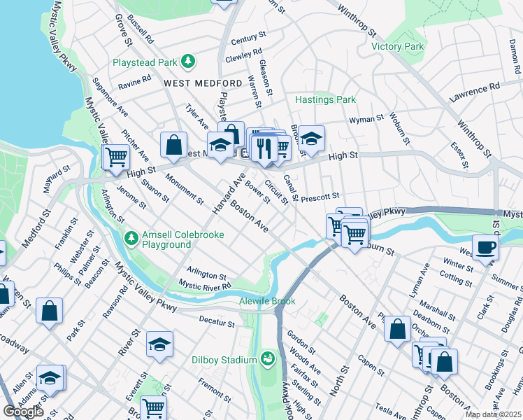map of restaurants, bars, coffee shops, grocery stores, and more near 12 Holton Street in Medford