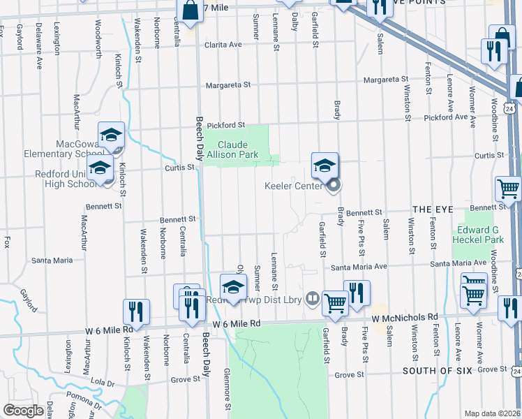 map of restaurants, bars, coffee shops, grocery stores, and more near 17441 Sumner in Redford Charter Township