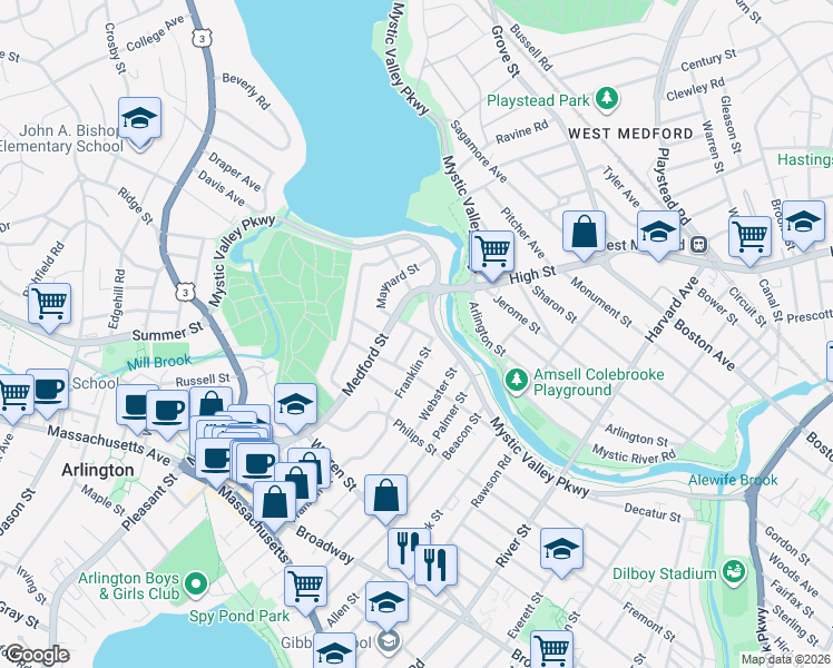 map of restaurants, bars, coffee shops, grocery stores, and more near 2 Newton Road in Arlington