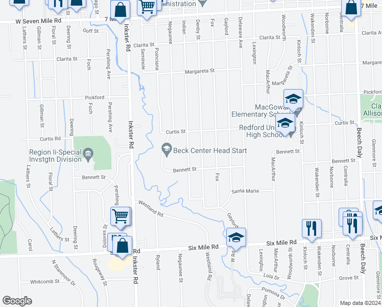 map of restaurants, bars, coffee shops, grocery stores, and more near 17654 Indian in Redford Charter Township