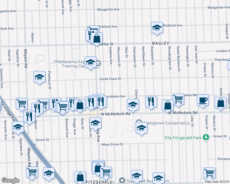 map of restaurants, bars, coffee shops, grocery stores, and more near 17377 Indiana Street in Detroit