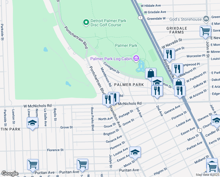 map of restaurants, bars, coffee shops, grocery stores, and more near 17523 Manderson Road in Detroit