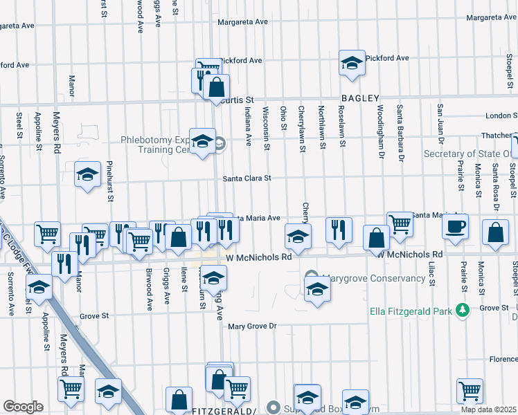map of restaurants, bars, coffee shops, grocery stores, and more near 17377 Indiana Street in Detroit