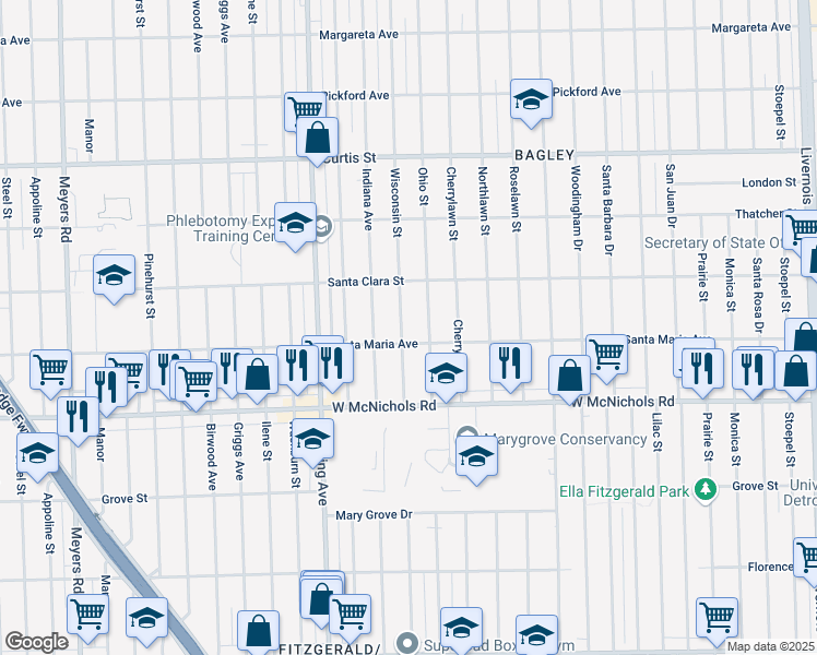 map of restaurants, bars, coffee shops, grocery stores, and more near 17330 Wisconsin Street in Detroit