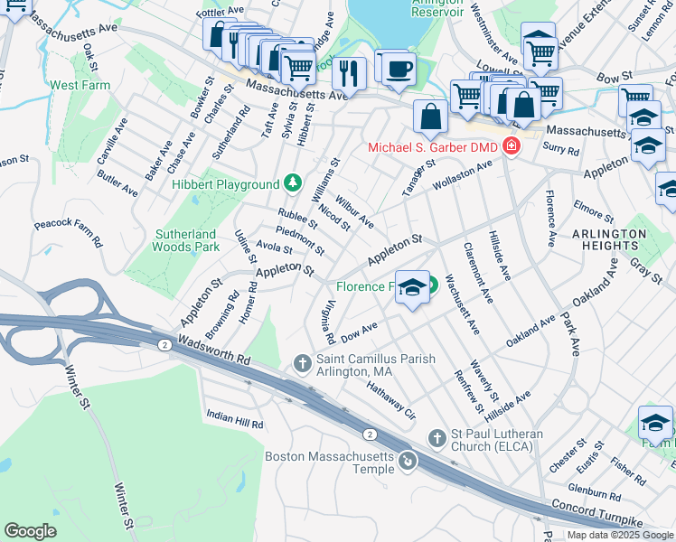 map of restaurants, bars, coffee shops, grocery stores, and more near 167 Wollaston Avenue in Arlington