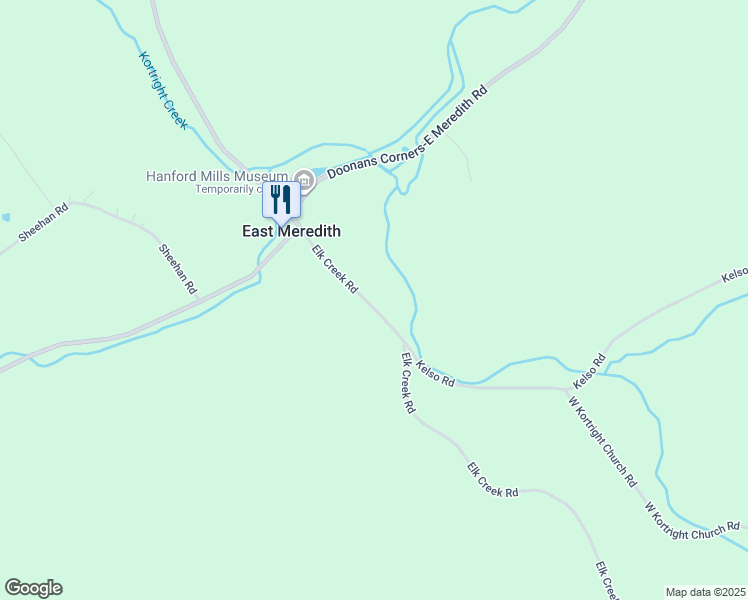 map of restaurants, bars, coffee shops, grocery stores, and more near 9900 Elk Creek Road in East Meredith