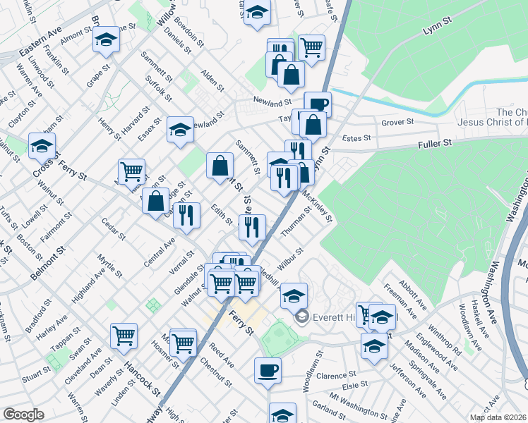 map of restaurants, bars, coffee shops, grocery stores, and more near 20 Dunster Road in Everett