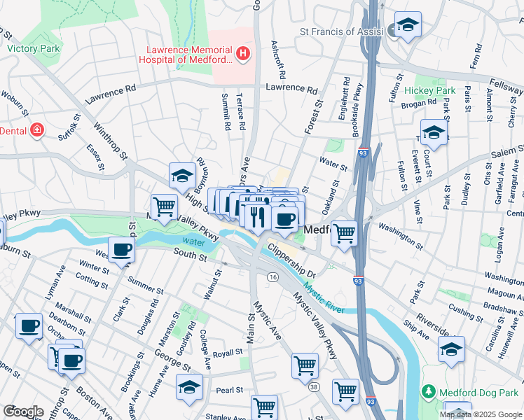 map of restaurants, bars, coffee shops, grocery stores, and more near 15 Governors Avenue in Medford
