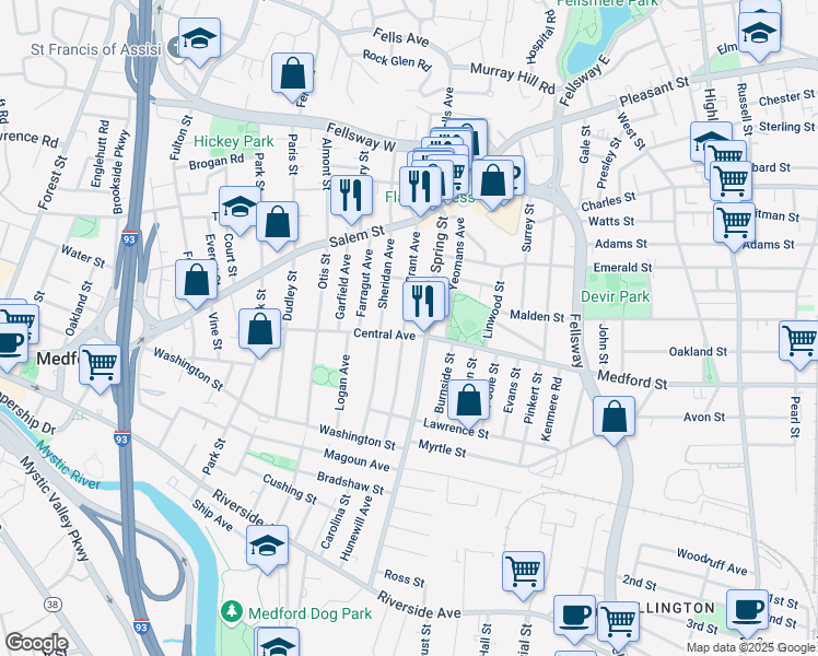 map of restaurants, bars, coffee shops, grocery stores, and more near 95 Grant Avenue in Medford